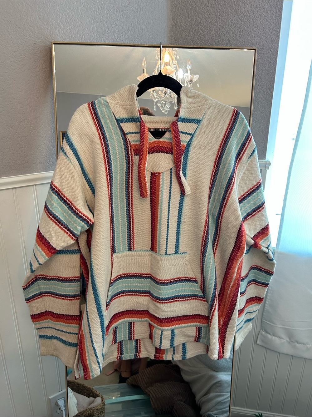 Senor Lopez Striped Baja Hoodie in Cream with Teal & Rust